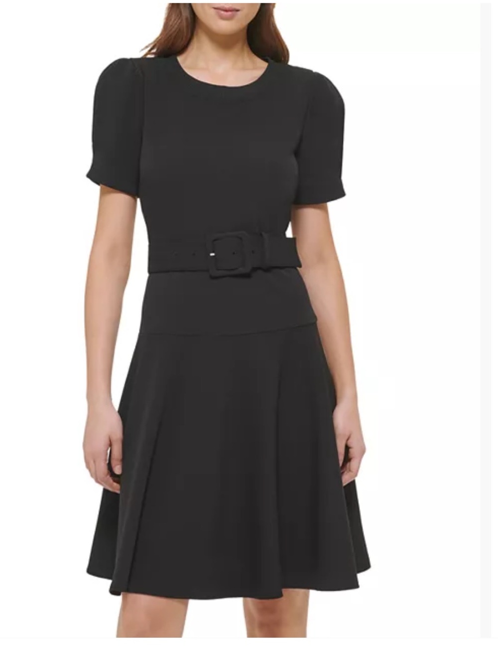 Short-Sleeve Belted Black A-Line KARL LAGERFELD PARIS Scuba Crepe Dress